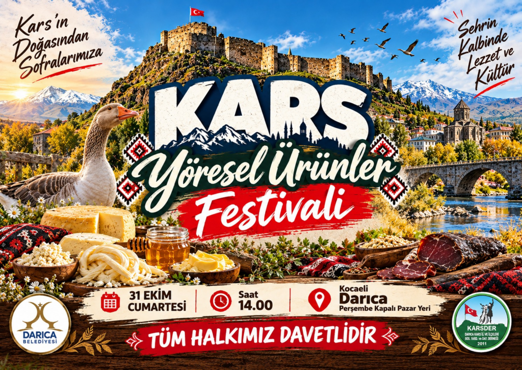 Kars Yöresel Ürünler Festivali afişi: 31 Ekim Cumartesi, saat 14.00, Darıca Perşembe Kapalı Pazar Yeri